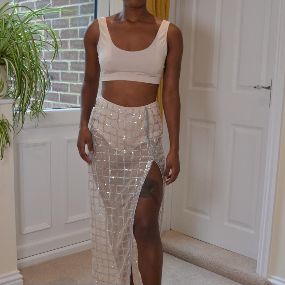 Boutique Cream Silver Sequin Sheer Maxi Skirt Set Resort Cruise Vacation S - XL